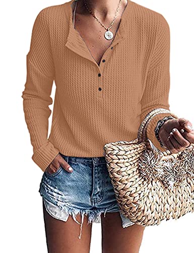 WNEEDU Women's Waffle Knit Tunic Tops Loose Long Sleeve Button Up V Neck Henley Shirts,Rose Red S