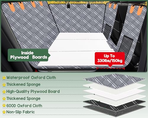 Back Seat Extender for Dogs, Dog Car Seat Cover Hard Bottom, Pet Seat Cover with Mesh Window, Dog Seat Covers for Car Travel Camping, Dog Hammock for Car, Truck, Dog Trunk Cover for SUV