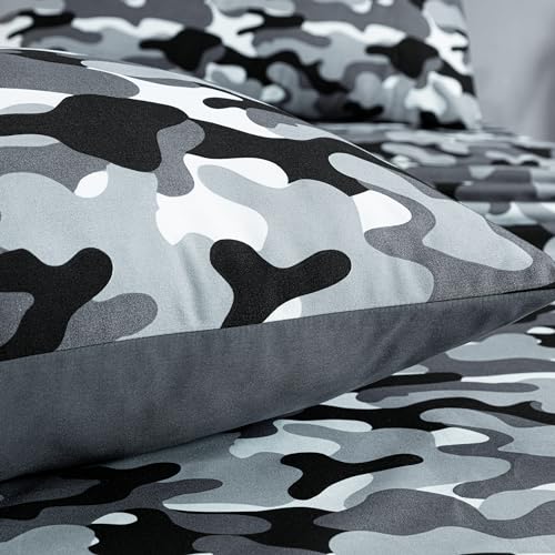 Chezmoi Collection Military Camo 3-Piece Sheet Set - Camouflage Black Gray Printed Microfiber Soft Breathable Deep Pocket Sheets and Pillowcases Set, Twin Size