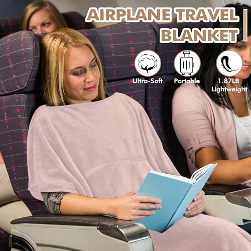 Tirrinia Travel Blanket Airplane Office Poncho 4 in 1 Premium Cozy Fleece Portable Poncho Blankets with Built-in Bag, Pocket