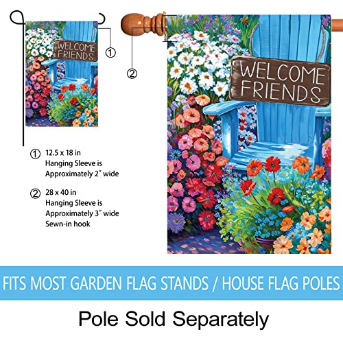 Morigins Welcome Friends Spring Chair Garden Flags Double Sided Summer Floral for Patio Lawn Home Outdoor Decor 28x40 Inch