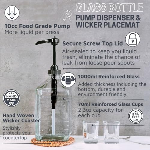 eBun 37oz Glass Mouthwash Dispenser for Bathroom, Mouthwash Dispenser Pump, Mouth Wash Container with Reusable Cup, Mouth Wash Bottle, Countertop Kitchen Sink Dish Liquid Soap Holder Set (Black)