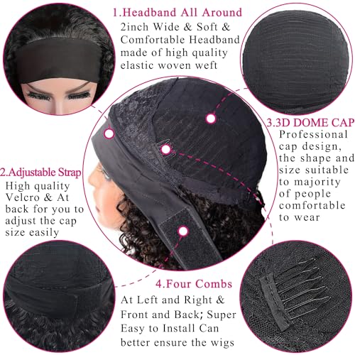 Headband Wig Human Hair Deep Wave Half Wigs Glueless None Lace Front Wigs with Headband Attached Brazilian Human Hair Headband Wigs Glueless Curly Hair for Black Women(30 Inch, Chocolate Brown)