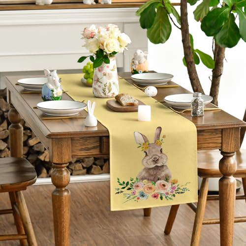 Artoid Mode Easter Bunny Easter Table Runner, Seasonal Spring Flowers Holiday Kitchen Dining Table Runner for Home Party Decor 13 x 108 Inch