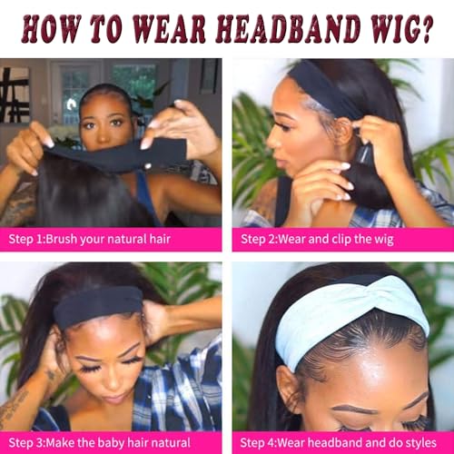 Headband Wig Human Hair Deep Wave Half Wigs Glueless None Lace Front Wigs with Headband Attached Brazilian Human Hair Headband Wigs Glueless Curly Hair for Black Women(30 Inch, Chocolate Brown)