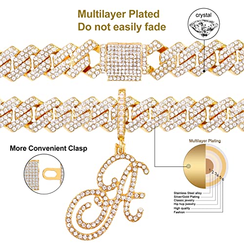 PTJDSMF Gold Silver Plated Initial Cuban Link Chain Necklace for Women Cursive Letter Gold Miami cuban link chain Iced out chain with pendant for women (Silver, T)