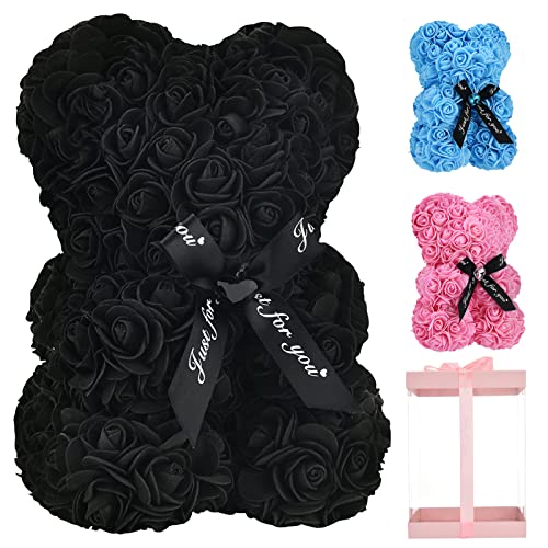 Lgv Flower Rose Bear,Romantic Gift for Valentine's Mother's Day, Christmas, Birthday,Girl Friend Her Mom Female Wife with Artificial Heart-Shaped Diamonds Black