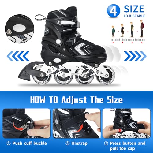 Nattork Inline Skates for Boys Girls with Full Light up Wheels, Adjustable Beginner Roller Skates for Kids Youth Black Age 6-12
