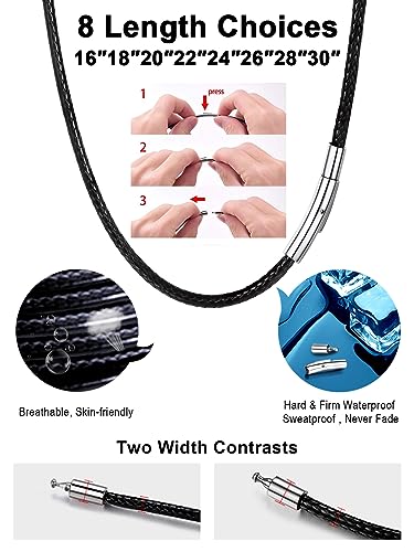 FaithHeart Leather ID Necklace with 4 Beads Personalized Chain Jewelry for Men with Stainless Steel Clasp 18 Inch Black