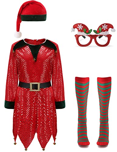 Oumbivil Kids Christmas Elf Costume Dress for Girls Sequins Santa Helper Costumes with Tinklebell Elf Hat Green Glasses Striped High Socks OU049L