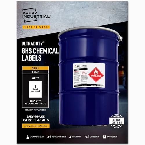 Avery UltraDuty GHS Chemical Labels for Laser Printers, Waterproof, UV Resistant, 8.5 x 11, 50 Pack (60501)