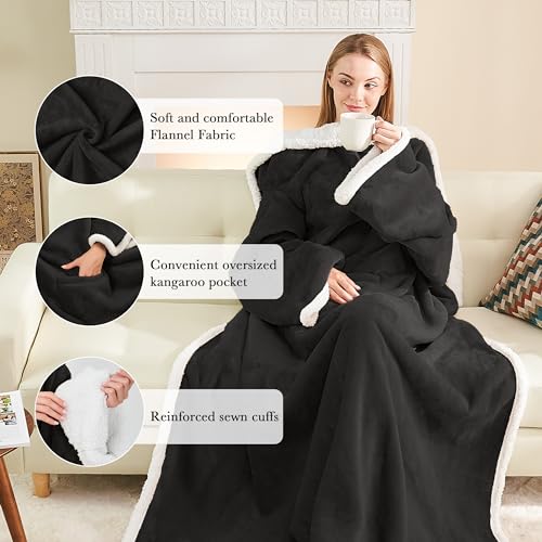 Ramees Sherpa Wearable Blanket with Sleeves and Pockets, Soft Warm TV Blanket Throw for Men and Women