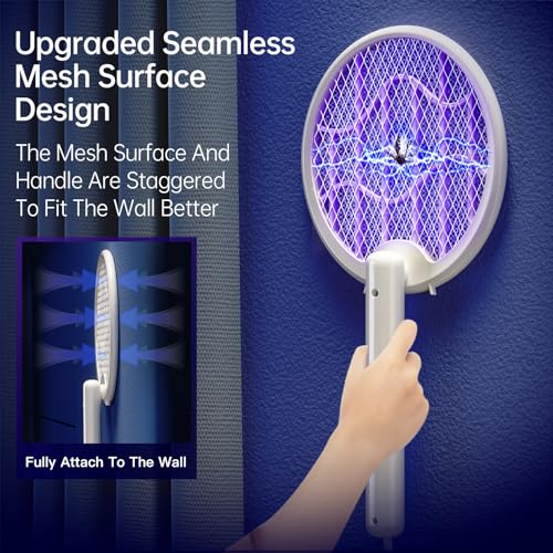 Electric Fly Swatter Racket buzzkick Foldable Bug Zapper Racket Portable 3 In 1 Fly Swatter Electric With USB Rechargeable Base 3500V Dual Mode Mosquito Killer For Indoor Home Kitchen Bedroom Backyard