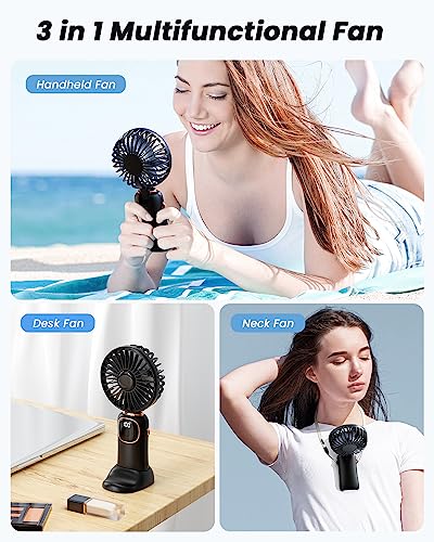 coldSky Portable Handheld Fan, 4000mAh Battery Operated 3 in 1 Multifunction Personal Travel Fan with Digital Display, 90ยฐ Foldable Desk Fan with Base, 5 Speed Lash Fan for Makeup/Office (Black)