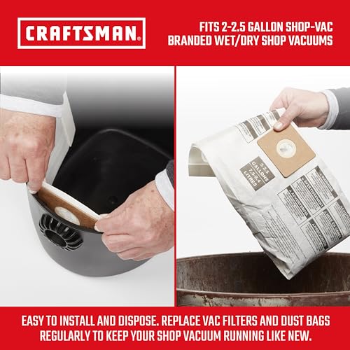 CRAFTSMAN CMXZVBE38774 General Purpose Wet Dry Vac Dust Collection Bags for Most 2 to 2.5 Gallon Shop Vacuums, Collects Dry Only Debris, Reduces Cleanup Time, 3-Pack