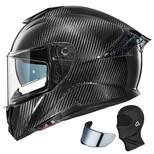 ILM Carbon Fiber Motorcycle Helmets Lightweight Full Face Dual Visor Helmet with Rear Wing Pinlock Compatible Motorbike Street Bike DOT ECE Men Women Model 861C (CarbonFiber3K, S)