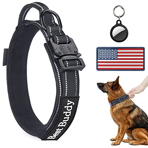 AUBELL Tactical Dog Collar and Leash Set, Adjustable Military Nylon Reflective Dog Leash and Collar with Handle and Heavy Metal Buckle for Medium Large Dogs, with Airtag Case and 2 Patches(Yellow, L)