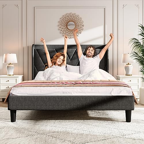 koorlian Full Bed Frame, Adjustable Upholstered Platform Bed Frame with Type-C&USB Ports, Wingback Storage Headboard, Solid Wood Slats Support, No Box Spring Needed, Modern Style, Dark Gray