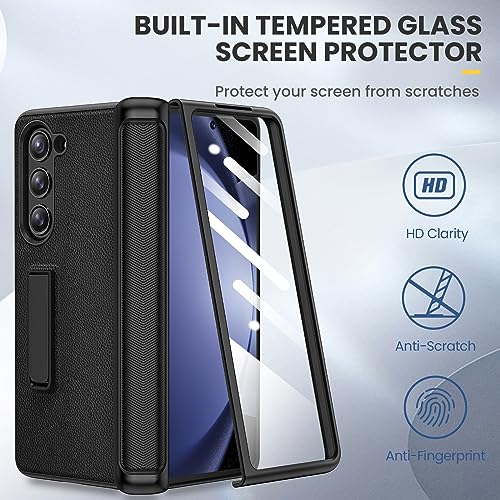 Ruky for Galaxy Z Fold 5 Case with Hinge Protection, Full Body Case with Built-in Privacy Screen Protector & Magnetic Kickstand PU Leather Protective Phone Case for Samsung Galaxy Z Fold 5, Black