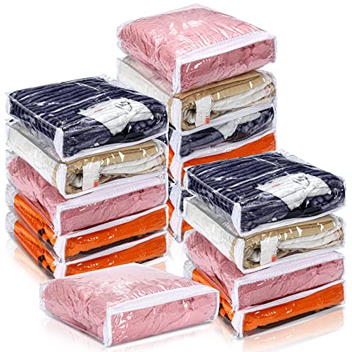 Kingdder 16 Pcs Clear Vinyl Zippered Sweater Storage Bags with Zipper 10 x 10 x 2.5 Inch Plastic Sheet Organizer and Storage for Clothing Blankets Sheet Linen Bed Pillow Cube Organizer