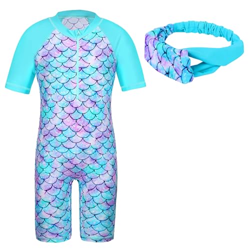 TFJH E 2-Piece Short Sleeve Girls Swimsuits Rashguash Bathing Suits UV 50+ Swimwear + Hairband Cyan Scale Short 2A