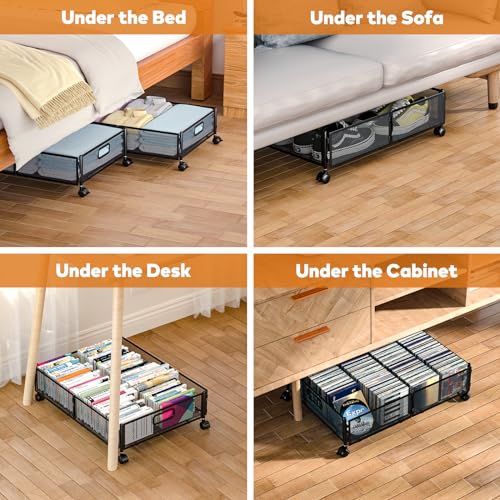 Lingusta Under Bed Storage with Wheels,Rolling Under Bed Storage Containers,Under Bed Shoe Storage for Bedroom Clothes Shoes Blankets (2 pack, Black)