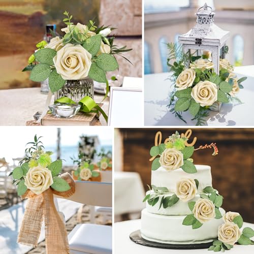 AmyHomie Artificial Flower Ivory Rose 25pcs Real Looking Fake Roses w/Stem for DIY Wedding Bouquets Centerpieces Arrangements Party Baby Shower Home Decorations