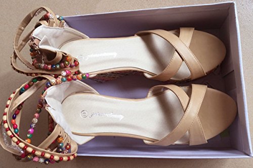 getmorebeauty Women's Wedge Sandals Diamond Across The Top Platform High Heels(US 6 BEIGE)