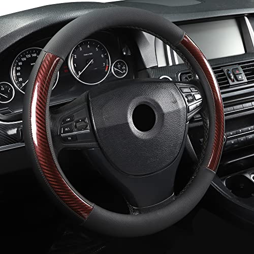 Microfiber Leather 15" Universal Fit Car Steering Wheel Cover, Elastic Nonslip Breathable and Odorless, Black & Brown