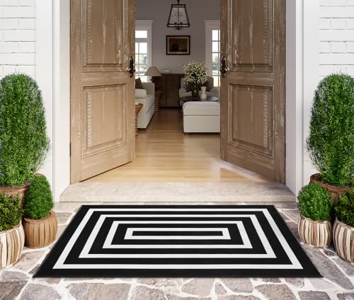 Lahome Black and White Outdoor Patio Rug, 3x5 Washable Outdoor Rugs for Front Door Mat Woven Cotton Area Rug, Geometric Indoor Outdoor Rugs Front Porch Rug for Bedroom Backyard