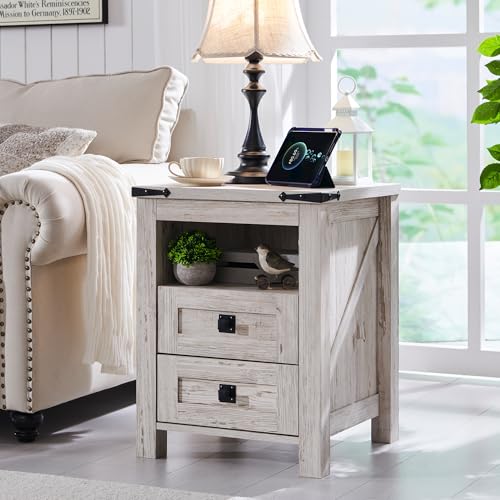 T4TREAM Nightstand with Charging Station, End Table, Side Table with 2 Drawers Storage Cabinet for Bedroom, Living Room, Farmhouse Design, Wood Rustic, Antique White