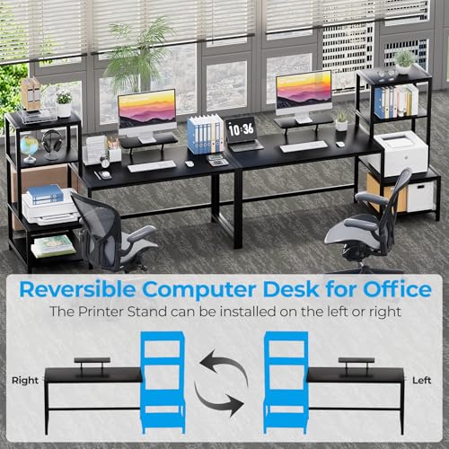GreenForest Computer Desk 58 inch with Printer Shelf, Reversible Office Desk with Monitor Stand and 2 Hooks, Home Workstation for Study Writing Working Gaming, Black