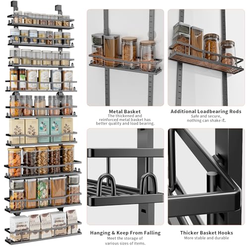 MSERCUOR Over The Door Pantry Organizer Rack, 6-Tier Metal Pantry Organization And Storage with Adjustable Baskets, Hanging Spice Rack for Home & Kitchen Laundry Room Bathroom (6 Tier Black)