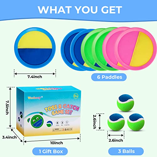 Weehoey Beach Games - Kids Toys - Outdoor Games for Kids, Toss and Catch Ball Set with 6 Paddles 3 Balls, Toys for 3 4 5 6 7 8+ Year Old Boys Girls Christmas Birthday Gifts
