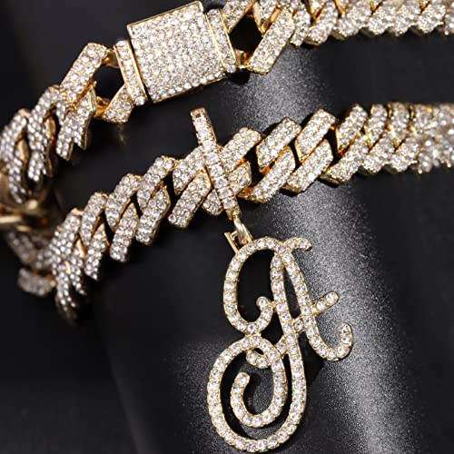 PTJDSMF Gold Silver Plated Initial Cuban Link Chain Necklace for Women Cursive Letter Gold Miami cuban link chain Iced out chain with pendant for women (Silver, T)