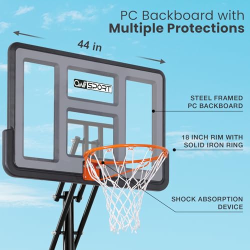 AWII SPORT Basketball Hoop Outdoor, 5.3-10FT Height Adjustable Basketball Hoop Goal System with 44Inch Impact Backboard and Portable Wheels for Adults