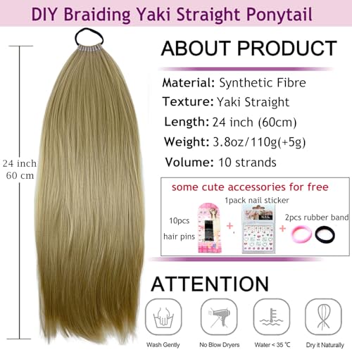 Kediciz Ponytail Extension Warp Around Pony Tail with Hair Tie 24inch Long Synthetic Yaki Straight Braiding Hair Ponytail DIY Braided for Women Girls Daily Party Cosplay,Black Brown