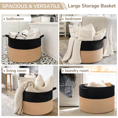 INDRESSME Woven Rope Basket with Handle, XXXLarge, Cotton (21.7" x 21.7" x 13.8") Laundry Hamper For Baby Laundry, Blanket, Toy, Storage Comforter Cushions, Gray