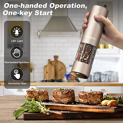 Rechargeable Electric Salt and Pepper Grinder Set - Stainless Steel, with USB Type-C Cable, LED Lights, Automatic Modern Electric Pepper Mill, 2 Adjustable Coarseness Mills, One Hand Operation