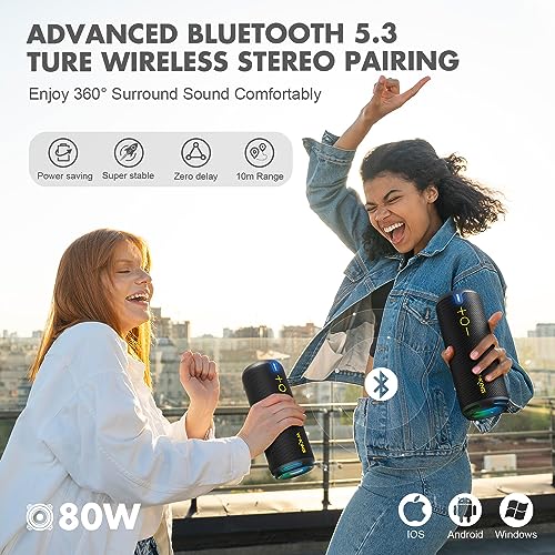 W-KING Bluetooth Speaker, IPX7 Waterproof Portable Speaker Bluetooth Wireless Loud with Dual Voice Coil, Customized EQ APP/Deep Bass, 40W 360° Sound Outdoor Shower Speaker, Party Lights/V5.3/TF/AUX