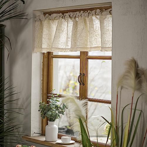 SUTAVIA Kitchen Window Valances Linen Fabric with Cotton Embroidery Floral Pattern Lace Rod Pocket Window Curtain Topper Roral Rustic Home Decor for Living Room