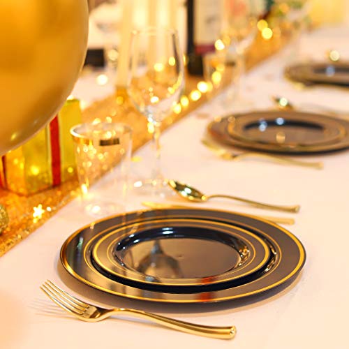 bUCLA 100 Pieces Black and Gold Plastic Plates Disposable - 7.5inch Disposable Salad/Dessert Plates with Gold Rim - Ideal for Halloween,Wedding,Party