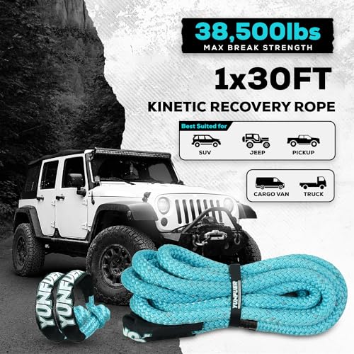 YUNFUER Kinetic Recovery Rope 1" x 30' (48,600lbs) Extreme Duty 35% Elasticity Energy Snatch Rope, Offroad Recovery Heavy Duty Tow Ropes for Trucks, UTV, ATV, SUV (Blue)