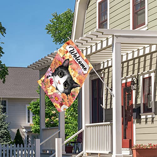 Morigins Welcome Floral Flowers Yard Flag Decorative Cute Kitty Spring Summer Double Sided House Flag 28x40 inch
