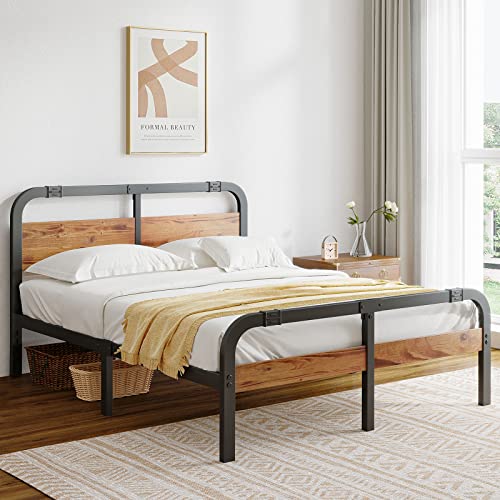 Breezehome Twin Bed Frames with Wooden Headboard, Heavy Duty Platform Metal, No Box Spring Needed, Strong Metal Slats Support, Noise-Free, Twin Size