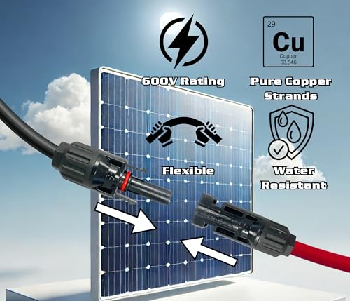WindyNation 8 AWG 8 Gauge Pair 10 Feet Black + 10 Feet Red PV Photovoltaic Solar Panel Extension Cable Wire Solar Connector (Variety of Lengths Available)