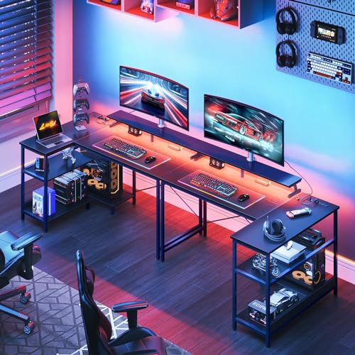 ODK 40 Inch Gaming Desk with USB Power Outlets and LED Lights, Reversible L Shaped Computer Desk with Storage Shelves & Monitor Stand, Corner Home Office Desk Table, Carbon Fiber Surface, Black