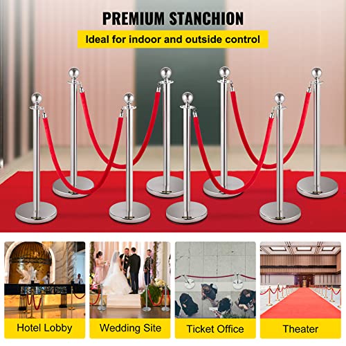 VEVOR Velvet Ropes and Posts, 8 Pcs, 5 ft Red Velvet Rope, Stanchion Post with Ball Top, Crowd Control Barriers, Red Carpet Poles for Party Supplies