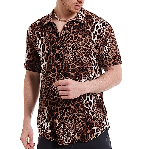UPAAN Men's Leopard Printed Shirts Disco Short Sleeve Button Down Casual Shirt
