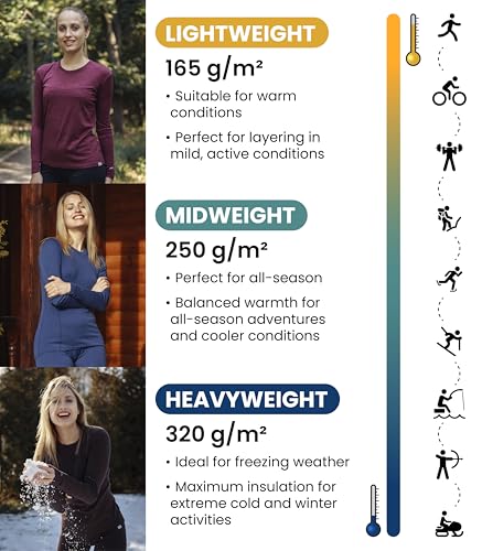 Merino Wool Base Layer Women - 100% Merino Half Zip Sweater Women Lite, Midweight, Heavyweight Thermal Shirts and Socks (Large, 250 Cherry Red)